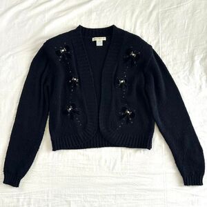 VTG 90s Jamie Scott Black Embellished‎ Velvet Bows Cardigan Sz S Coquette Preppy